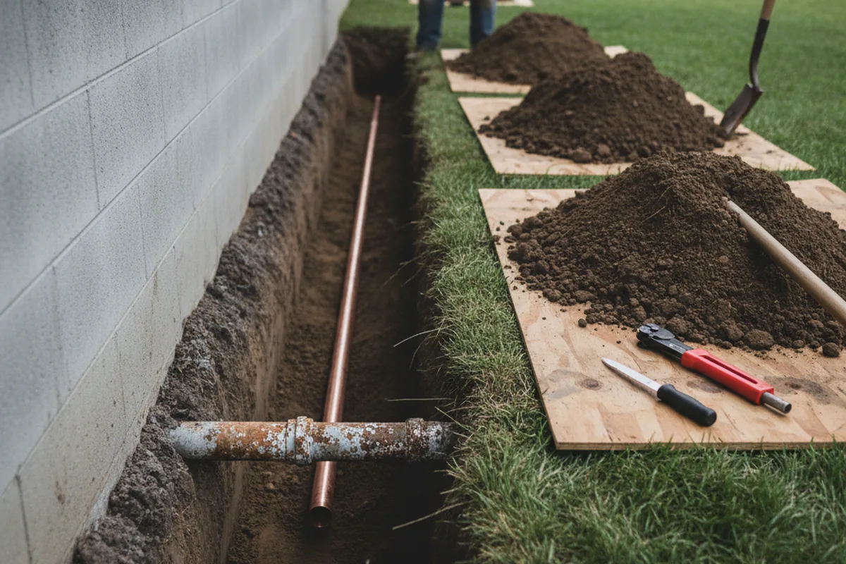 Excavated water line trench during Sewer Line Repair in Walled Lake